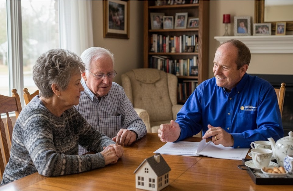 Mark Davis meeting with a senior couple at their home